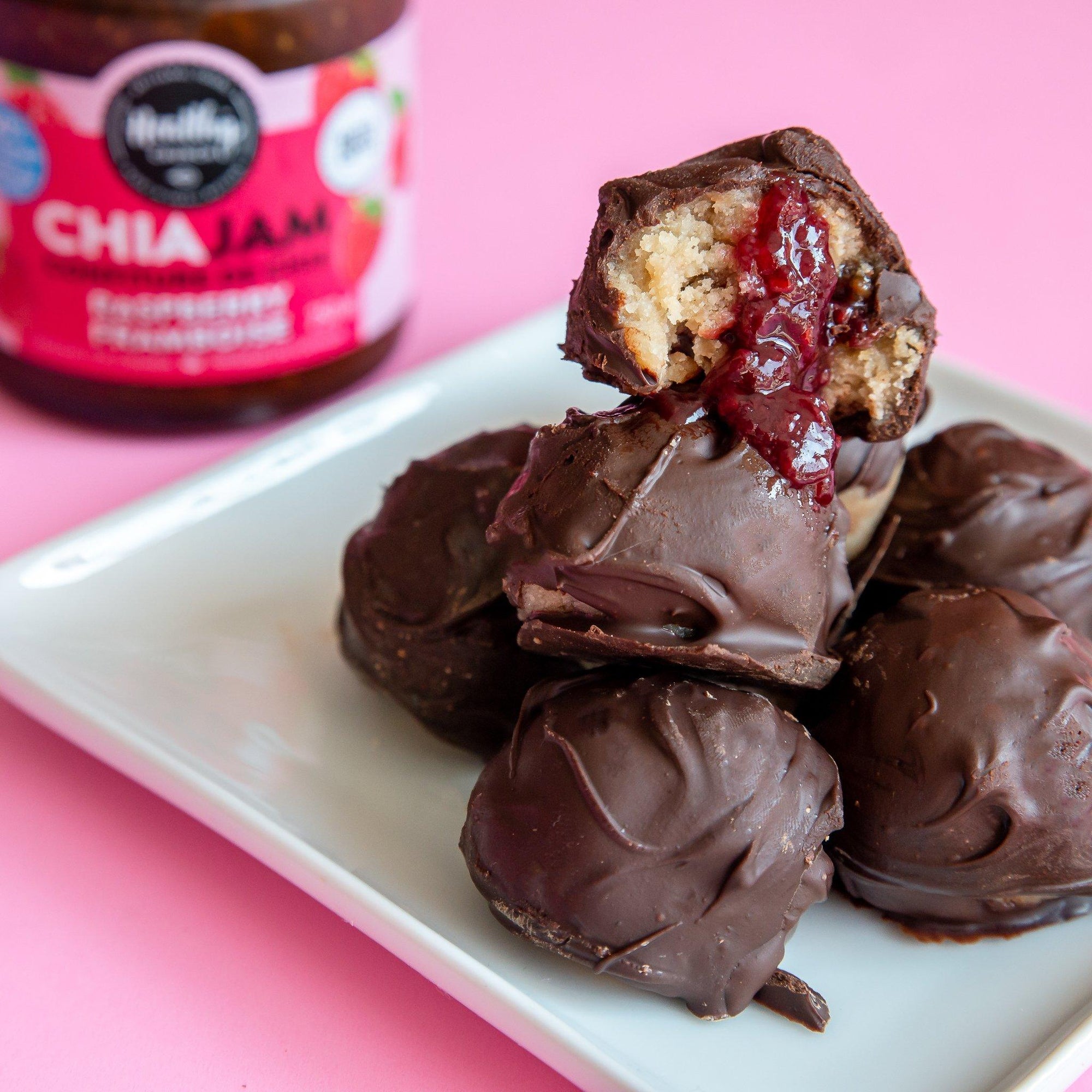 Chia Jam Stuffed Cookie Dough Bites! (Gluten-free, Dairy-free, Vegan, Allergen-friendly, Low sugar)