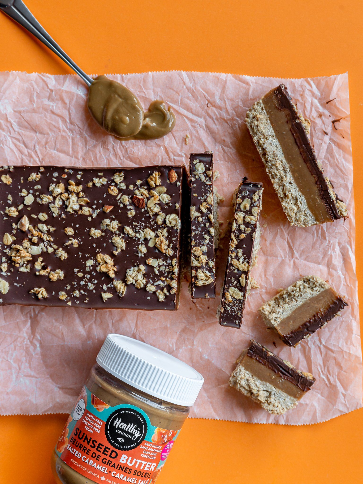 Salted Caramel Seed Butter Twix Bars (Keto, Gluten-free, Grain-free, Dairy-free, Vegan, No-bake, Low sugar, Allergen-friendly)